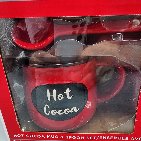 Holiday Time Hot Cocoa Mug & Spoon Set 2pc Red Ceramic Cups Christmas Gift - Picture 3 of 4